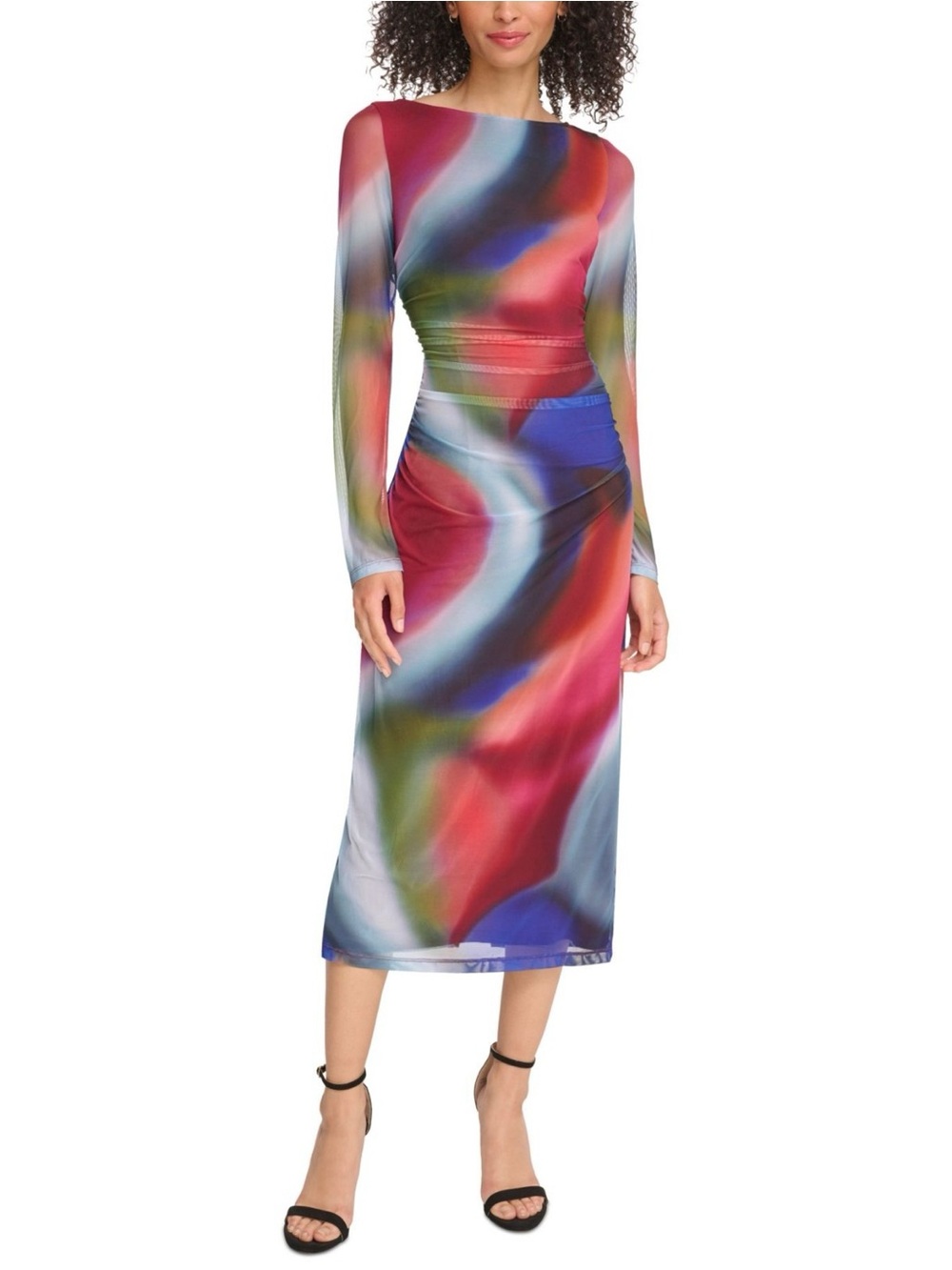 Vince Camuto Printed Mesh Ruched Bodycon Dress